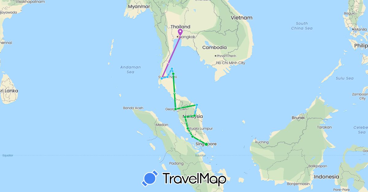 TravelMap itinerary: driving, bus, train, boat in Malaysia, Singapore, Thailand (Asia)